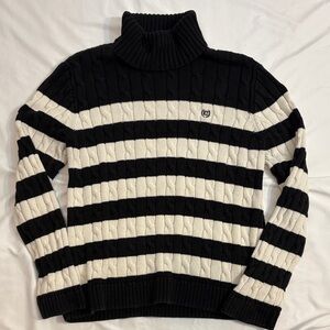 VTG 100% Cotton Classic Black and White Stripe Cable Knit Turtleneck Sweater, L